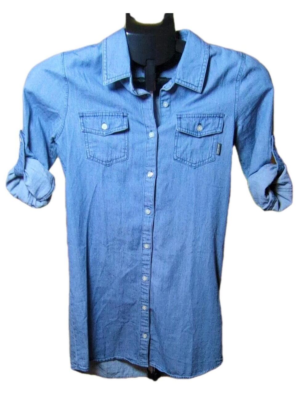 Eddie Bauer Girls Blue Denim Shirt Dress M (10/12) Belted Long Sleeve Collared